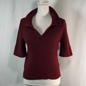 Bailey 44 Burgundy Ribbed Knit Polo Sweater Short Sleeve V-Neck Fuzzy Top L